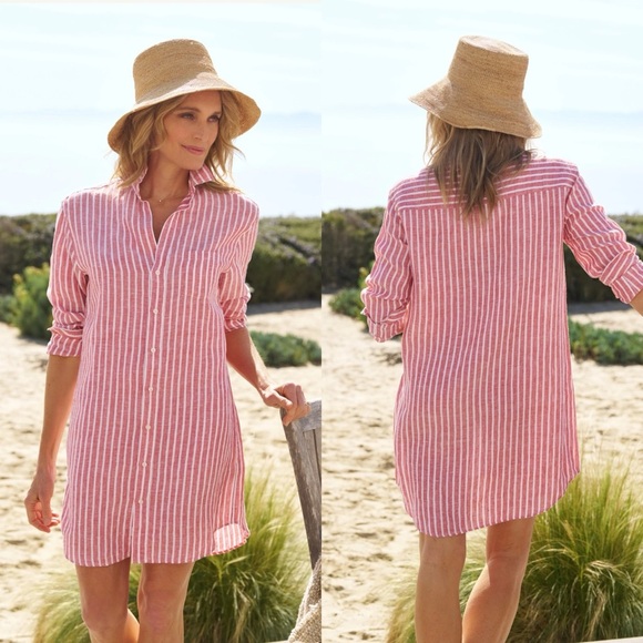 Frank & Eileen Mary Shirtdress Mini Red White Linen Striped Beach Coverup M EUC - Picture 1 of 6